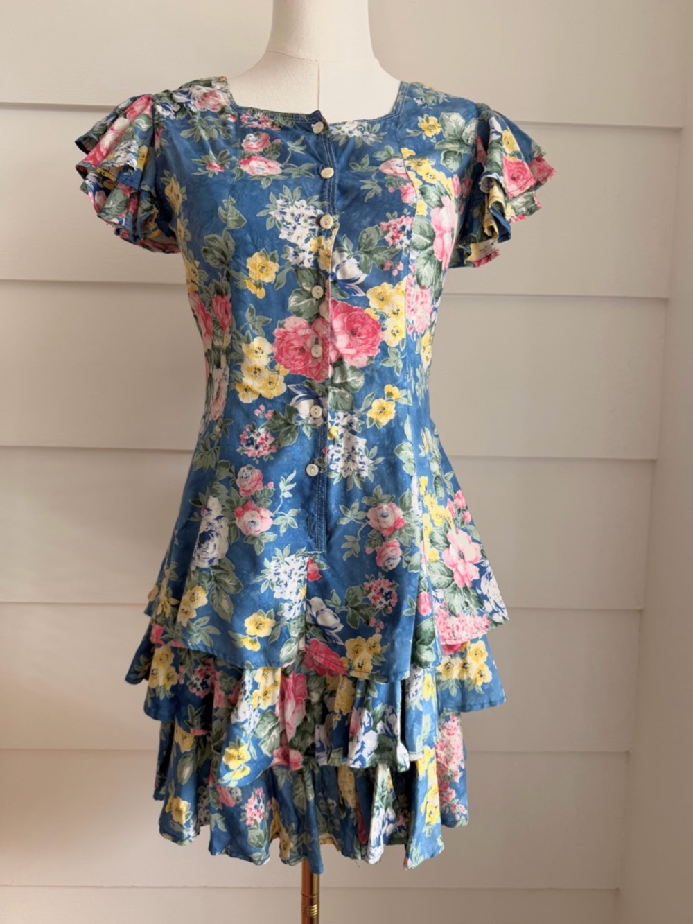 Vintage Floral Print Ruffle Hem Mini Dress XS - Picture 2 of 7